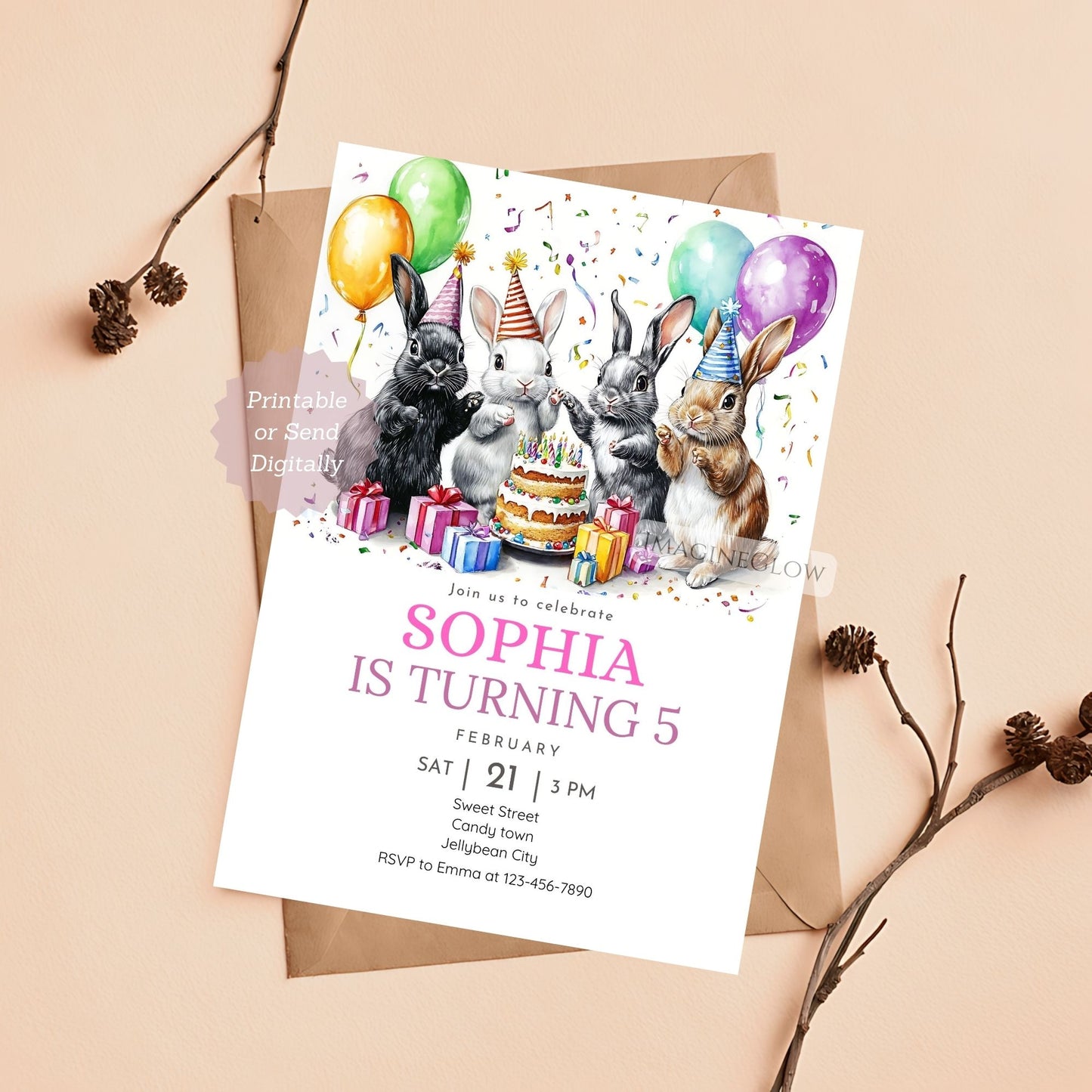 Easter-themed birthday party invite with bunnies