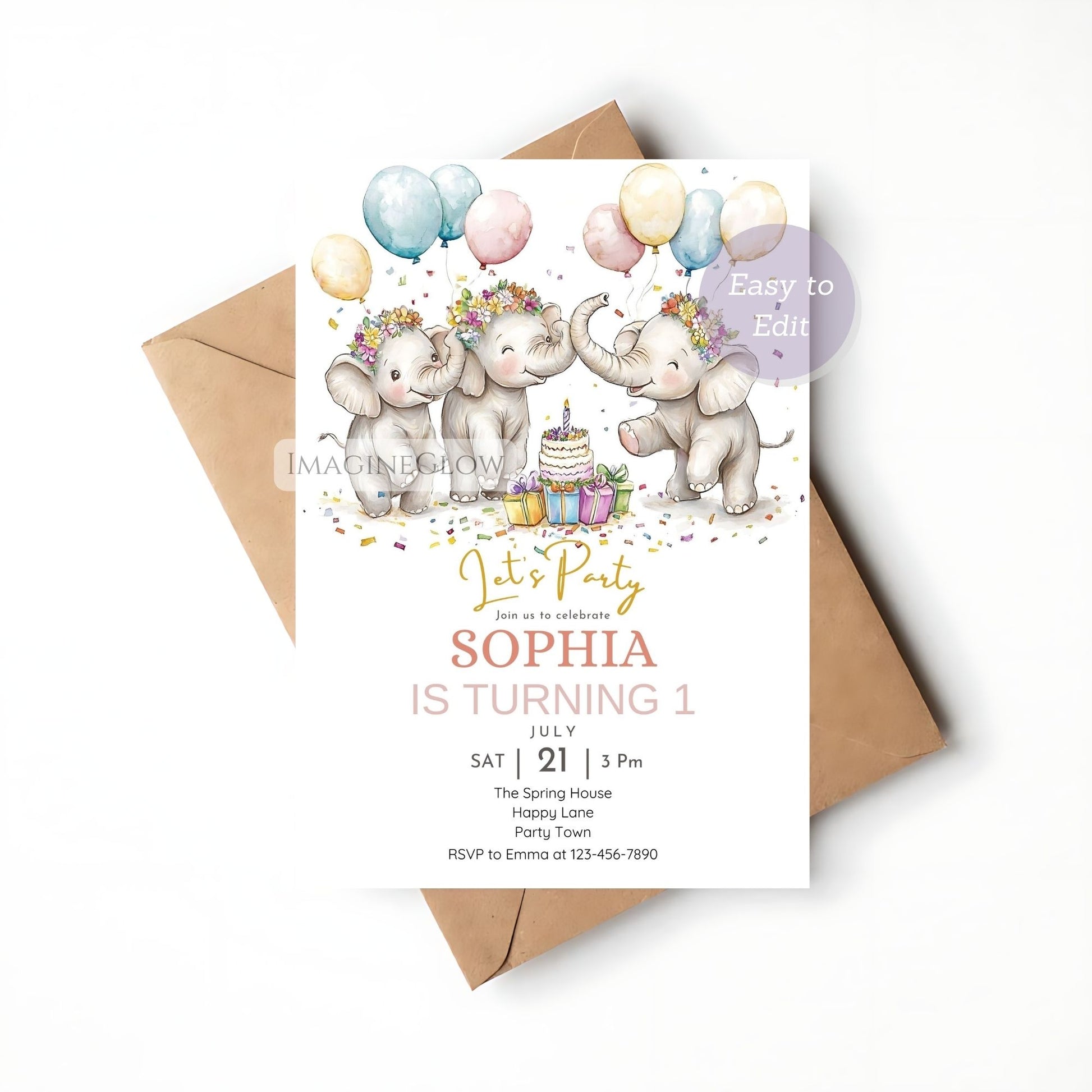 Cute elephant party invite digital download