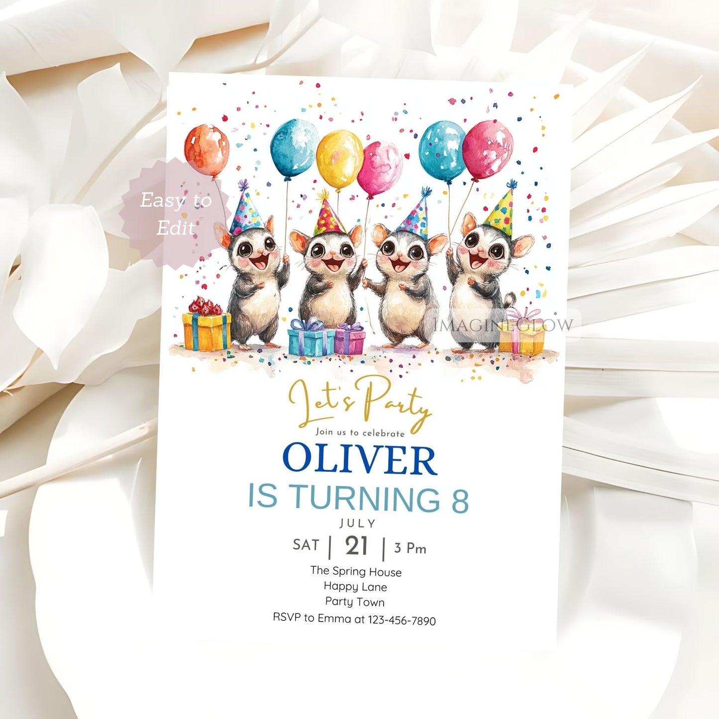 Whimsical sugar glider birthday invitation editable