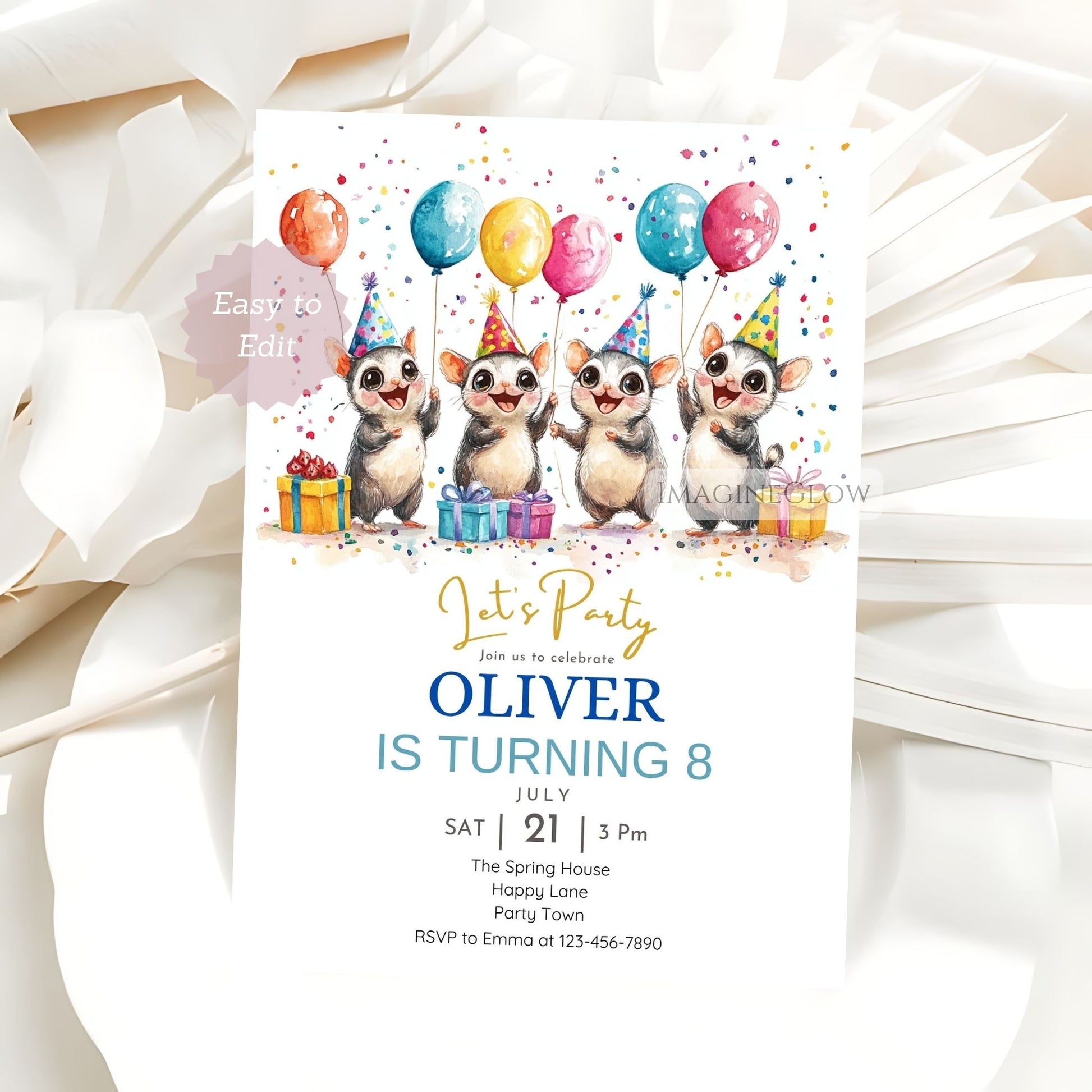 Whimsical sugar glider birthday invitation editable