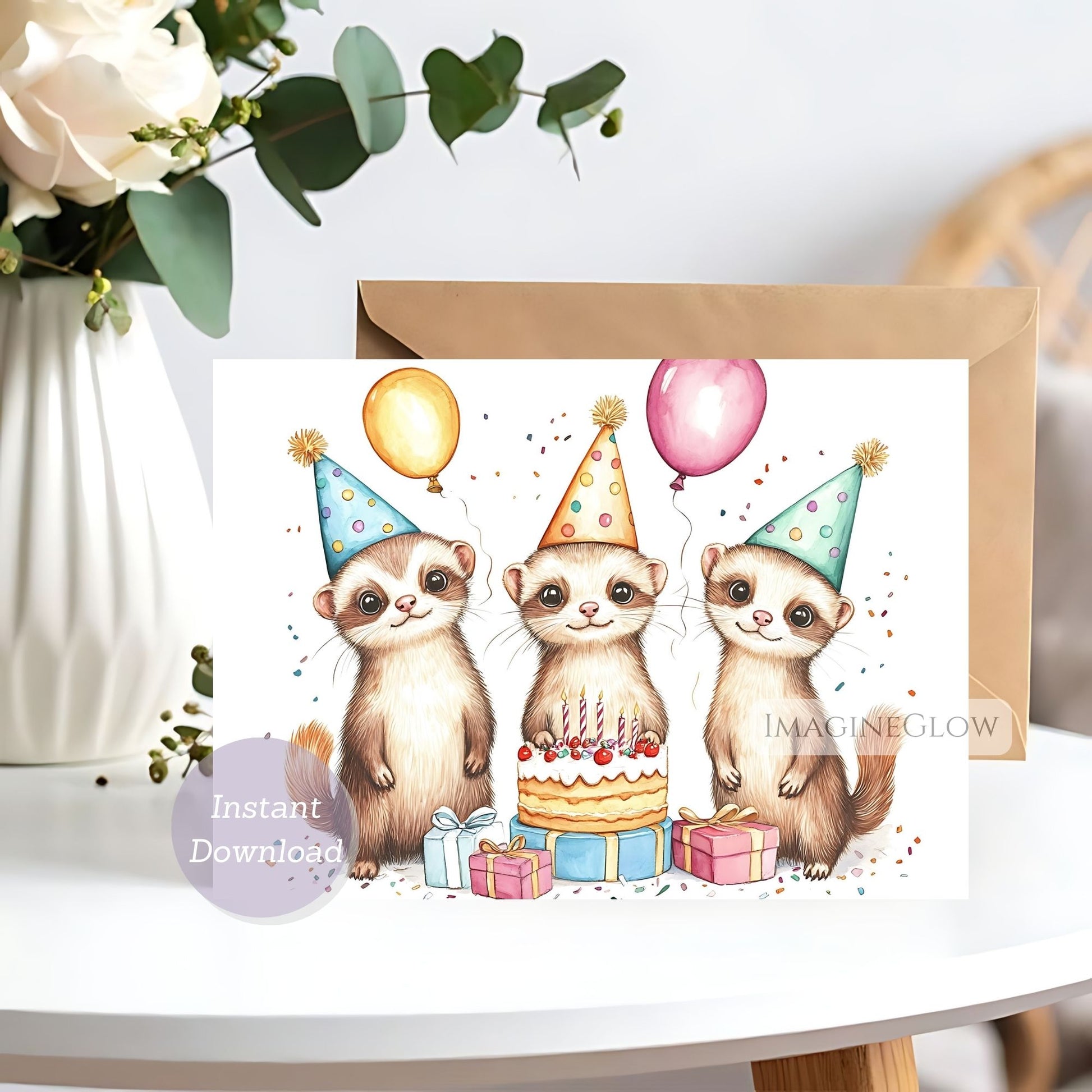 Birthday card with Ferrets wearing party hats and celebrating a birthday