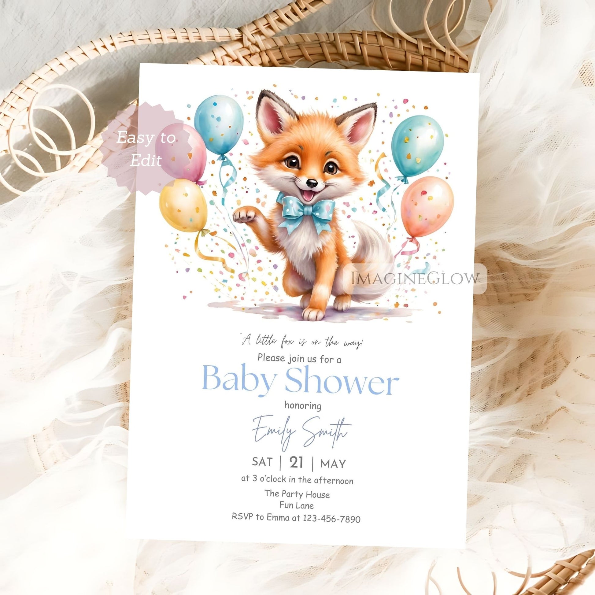 woodland fox baby shower canva template