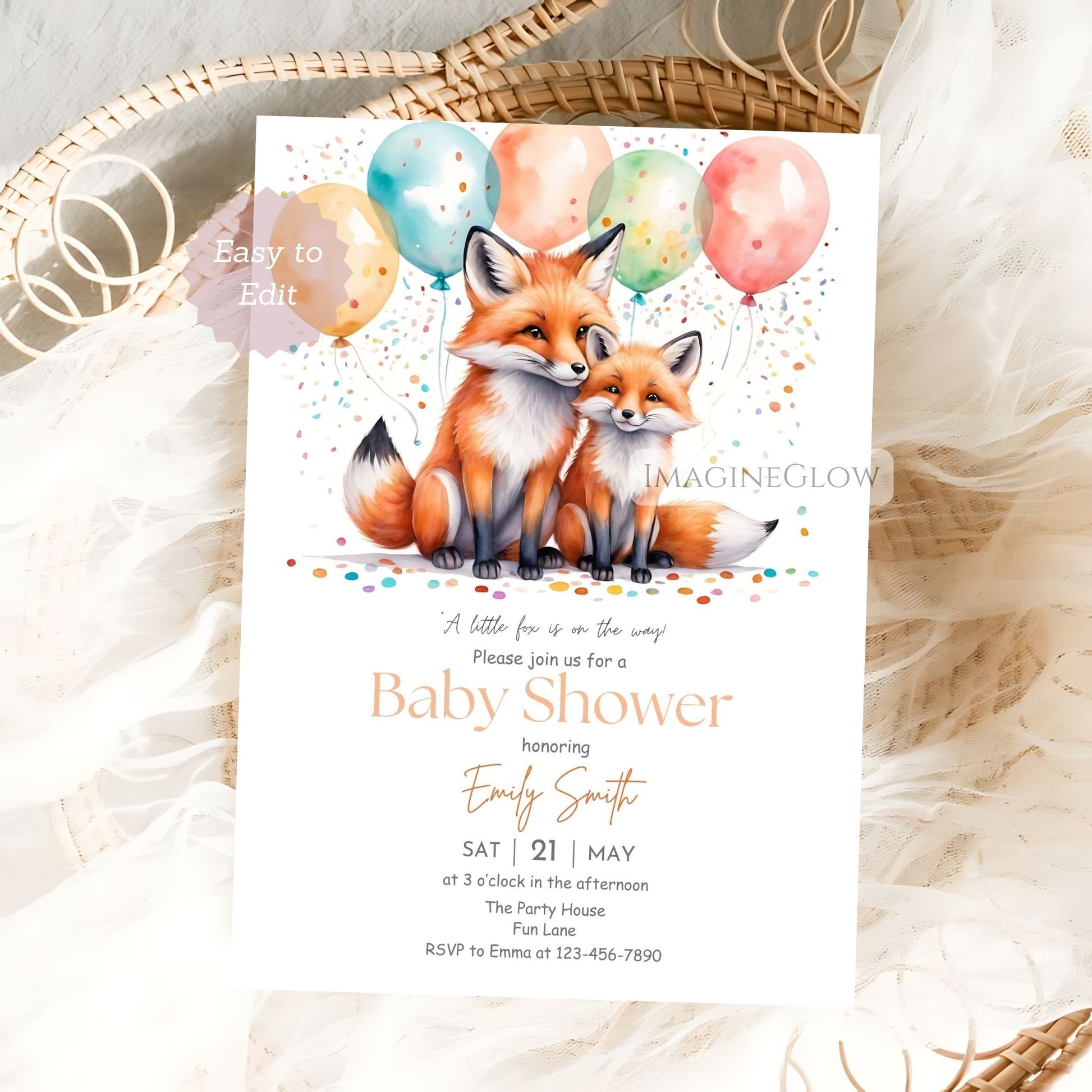 woodland mom and baby fox shower invite