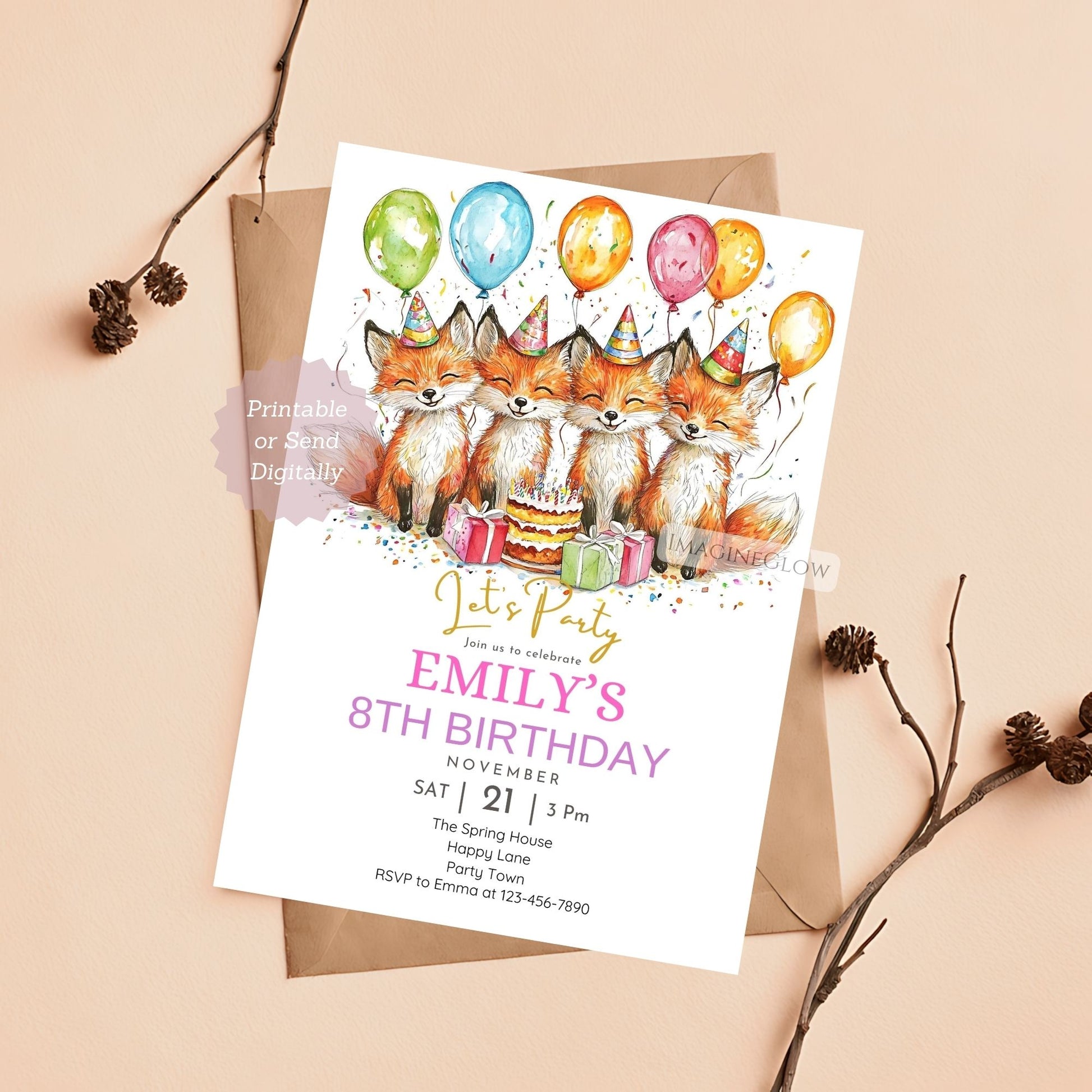 Fox Birthday Invitation for kids
Woodland animal party invite with a fox