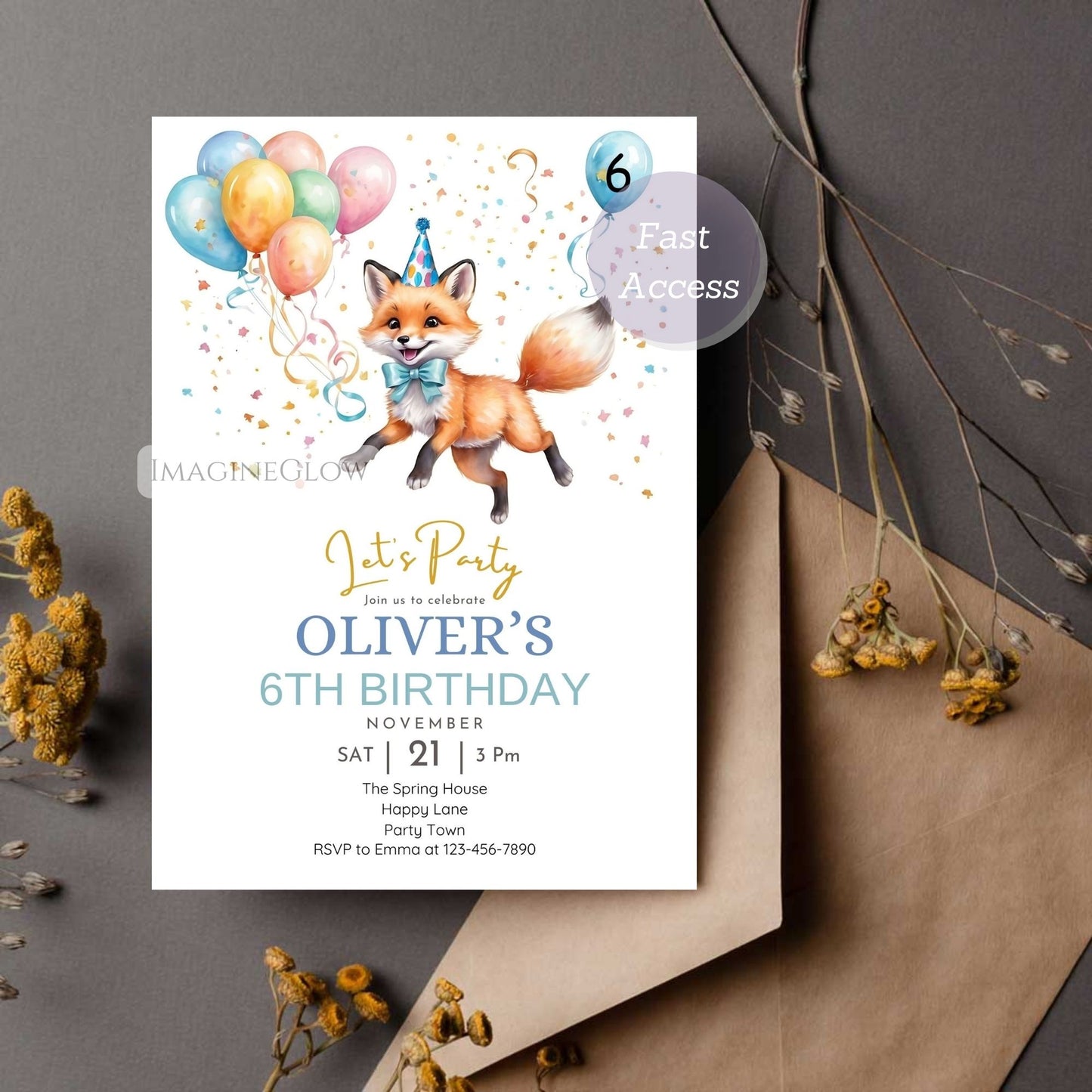 Woodland fox birthday invitation with a cute fox and forest theme