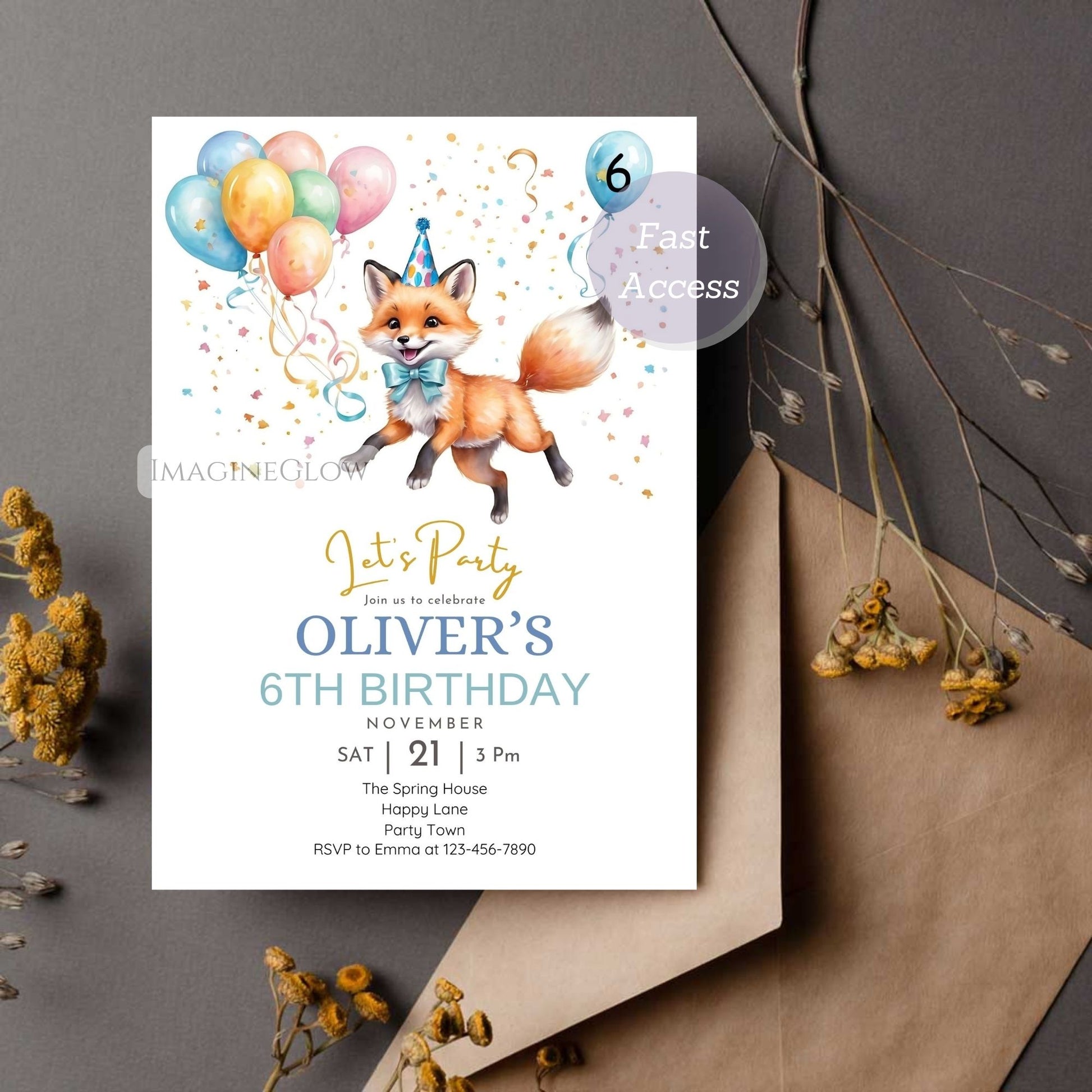 Woodland fox birthday invitation with a cute fox and forest theme