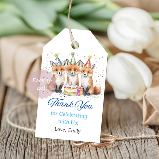 Gift tag with foxes in party hats and birthday cake