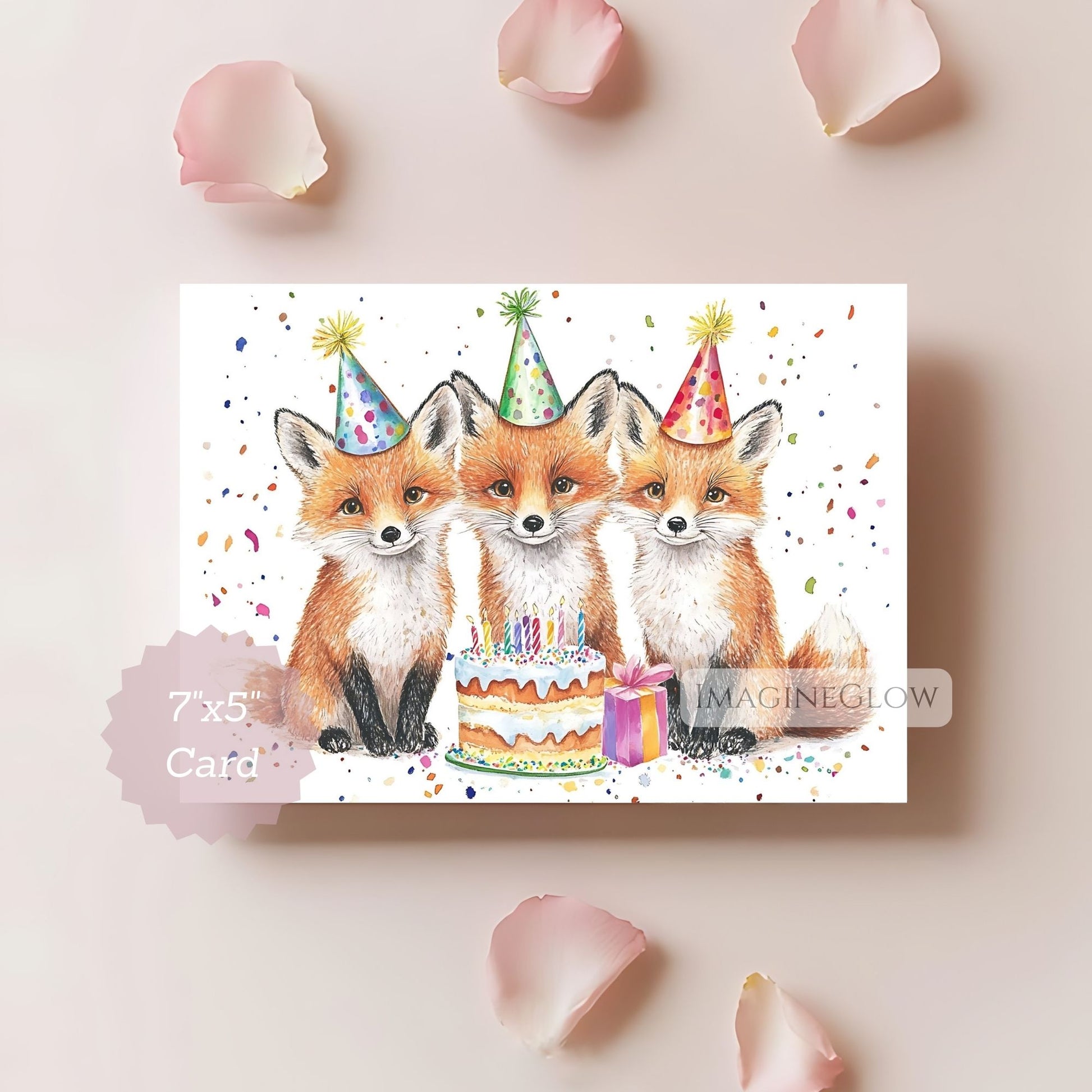 Three foxes wearing party hats with a birthday cake on a card, surrounded by pink petals.