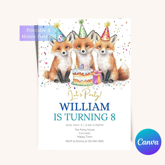 Kids' birthday invitation with a cute fox design.