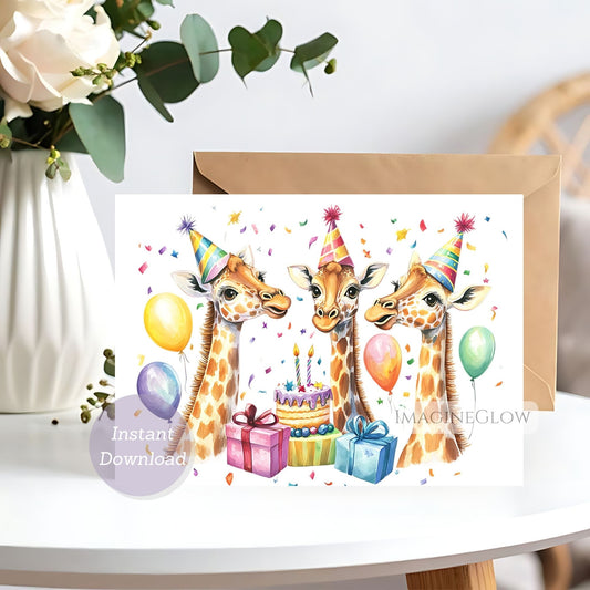Greeting card with three giraffes wearing party hats, balloons, and a cake on a white surface.
