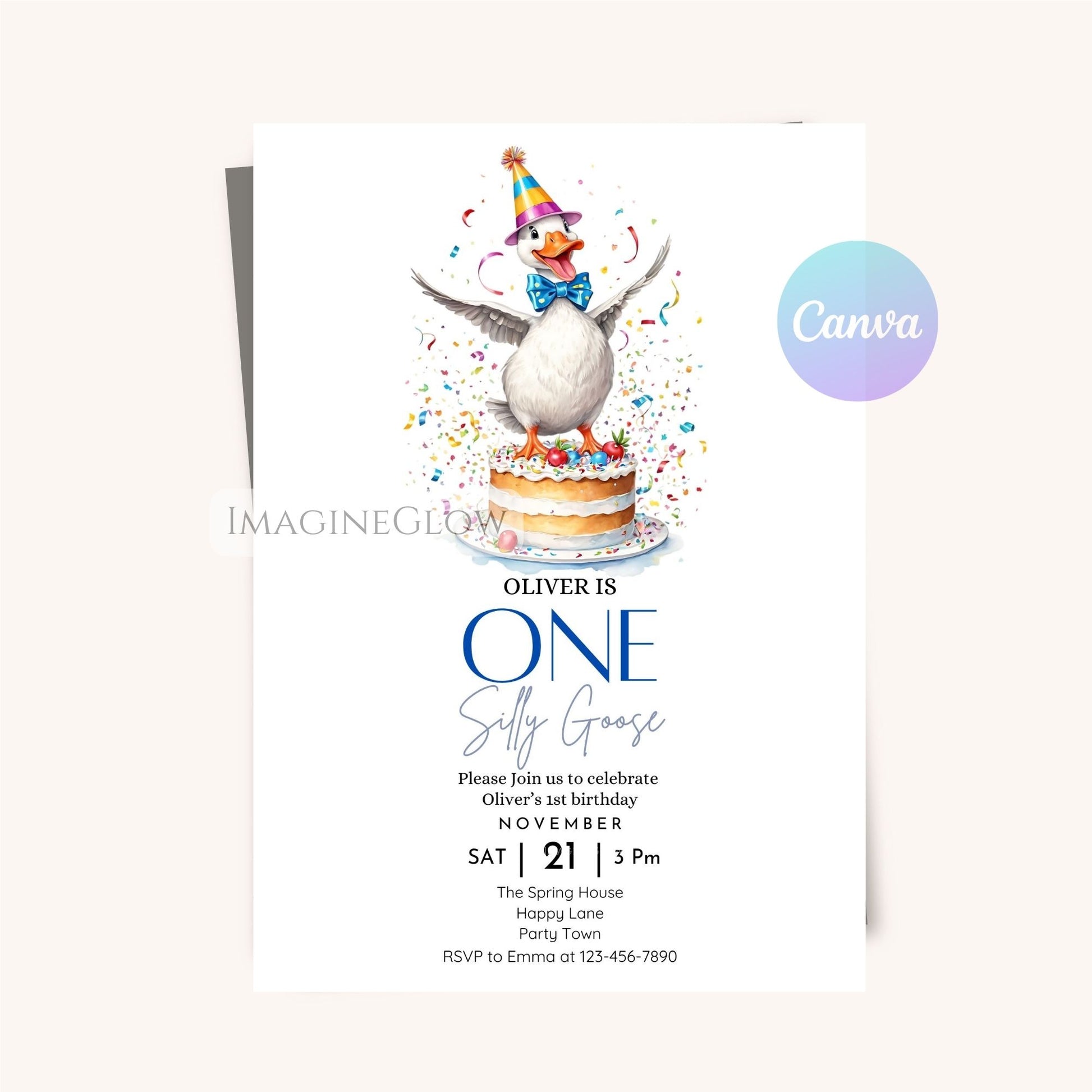 Baby boy’s first birthday invitation with goose