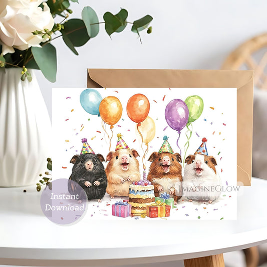 Greeting card with cartoon guinea pigs celebrating a birthday, surrounded by balloons and a cake.