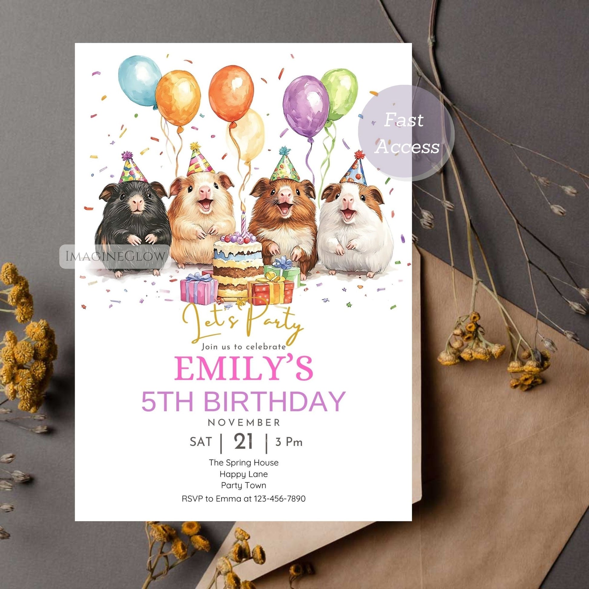 Printable and digital download guinea pig invitation.
Charming guinea pig birthday party card for kids and adults.