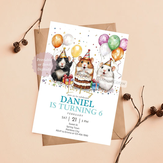 Hamster birthday invitation with colorful balloons