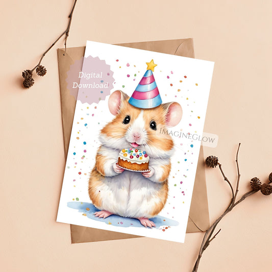 Digital download card with a hamster wearing a party hat and holding a cake on a beige background.
