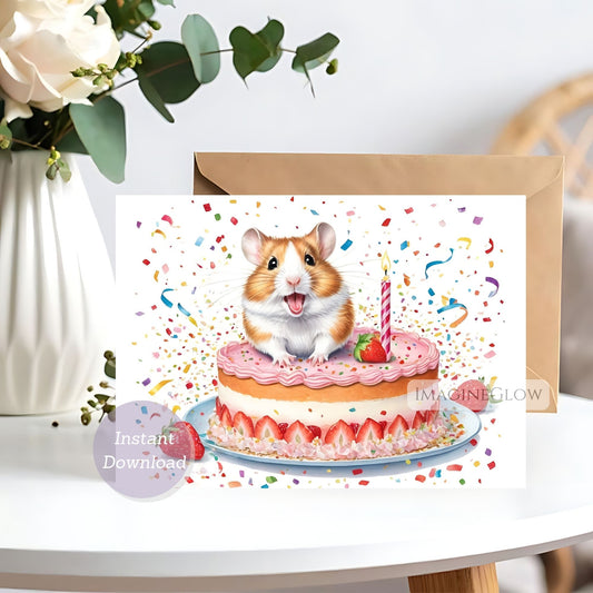 Greeting card with a hamster on a birthday cake
