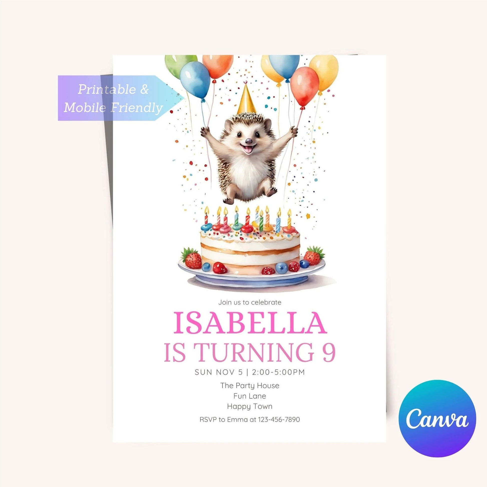 Hedgehog-themed birthday card with a woodland adventure design.