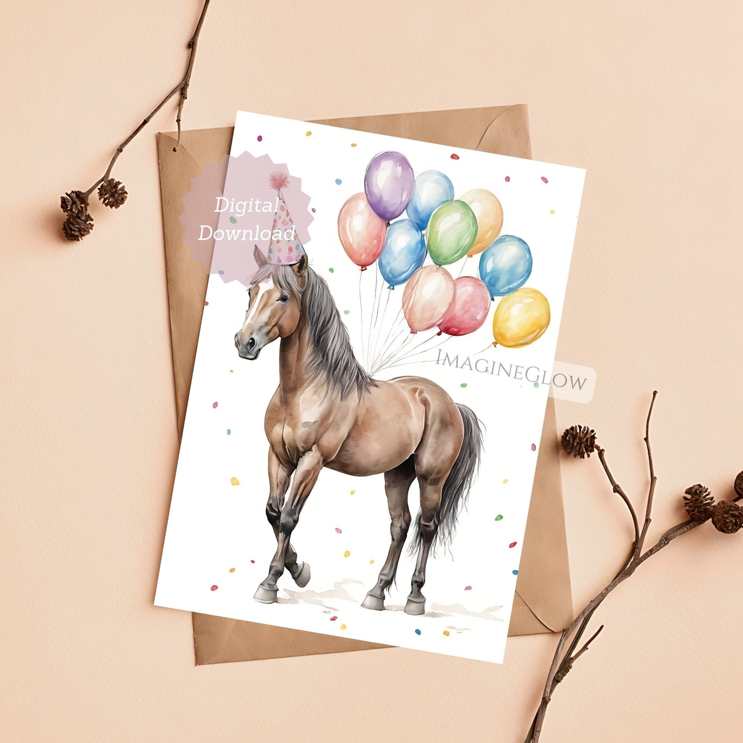 Card with a horse illustration and balloons on a beige background