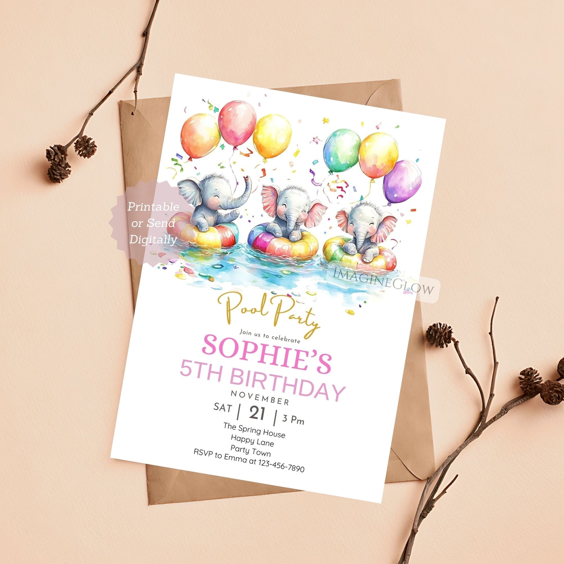 Elephant Pool Party Birthday Invitation with a fun summer theme.