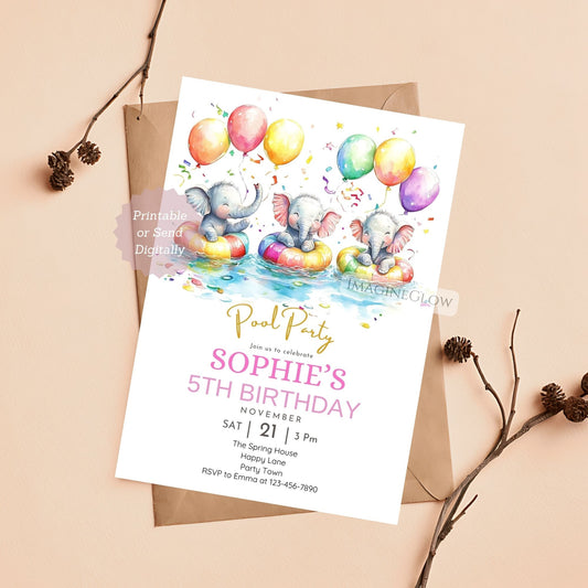 Elephant Pool Party Birthday Invitation with a fun summer theme.