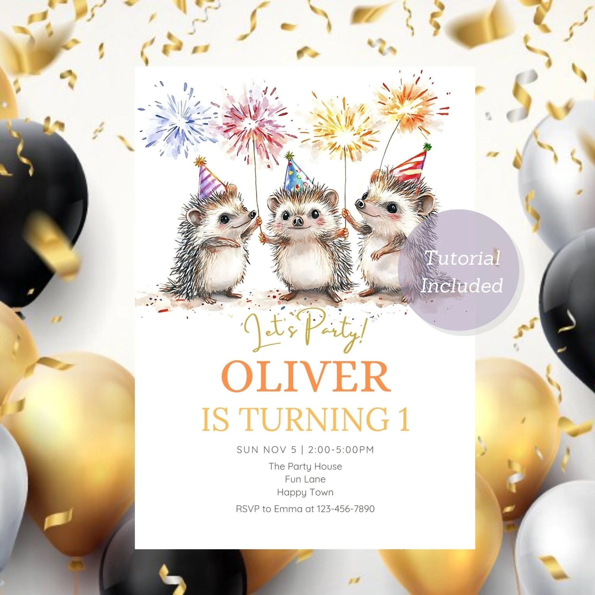 Printable hedgehog birthday invitation for woodland-themed parties.
