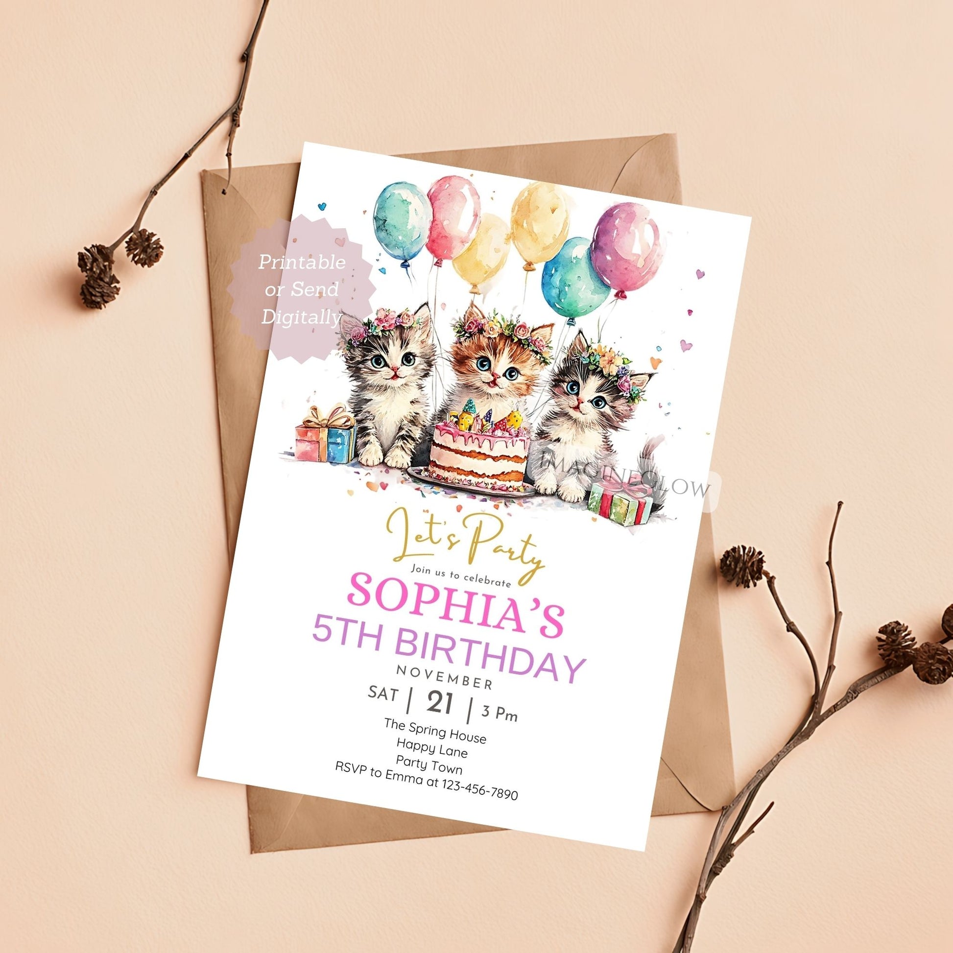 Kitten birthday invitation floral design editable