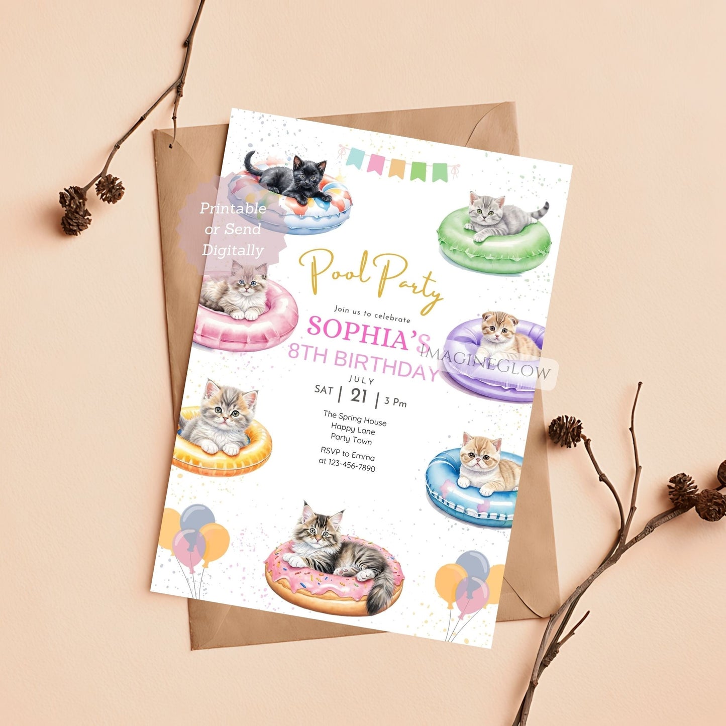 Kitten Pool Party Birthday Invitation - Summer Tropical Beach Party