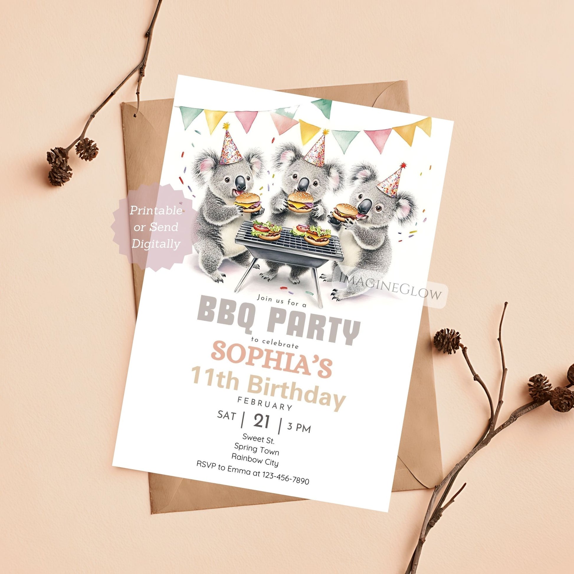 Koala BBQ Birthday Invitation with fun outdoor design.