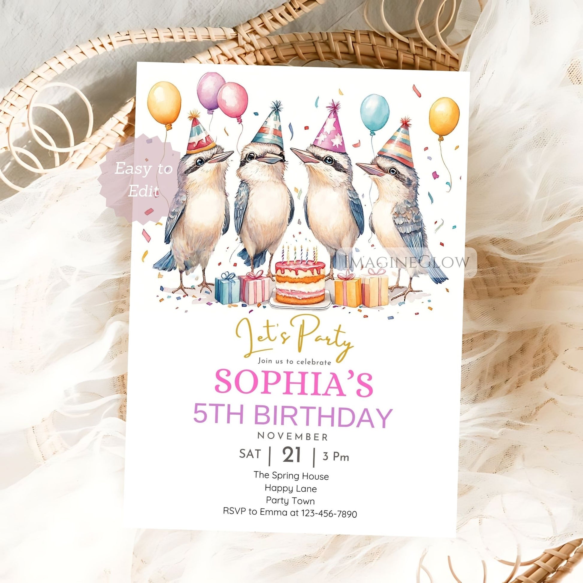 Cute kookaburra bird birthday card design Birdwatching party invitation with kookaburra
