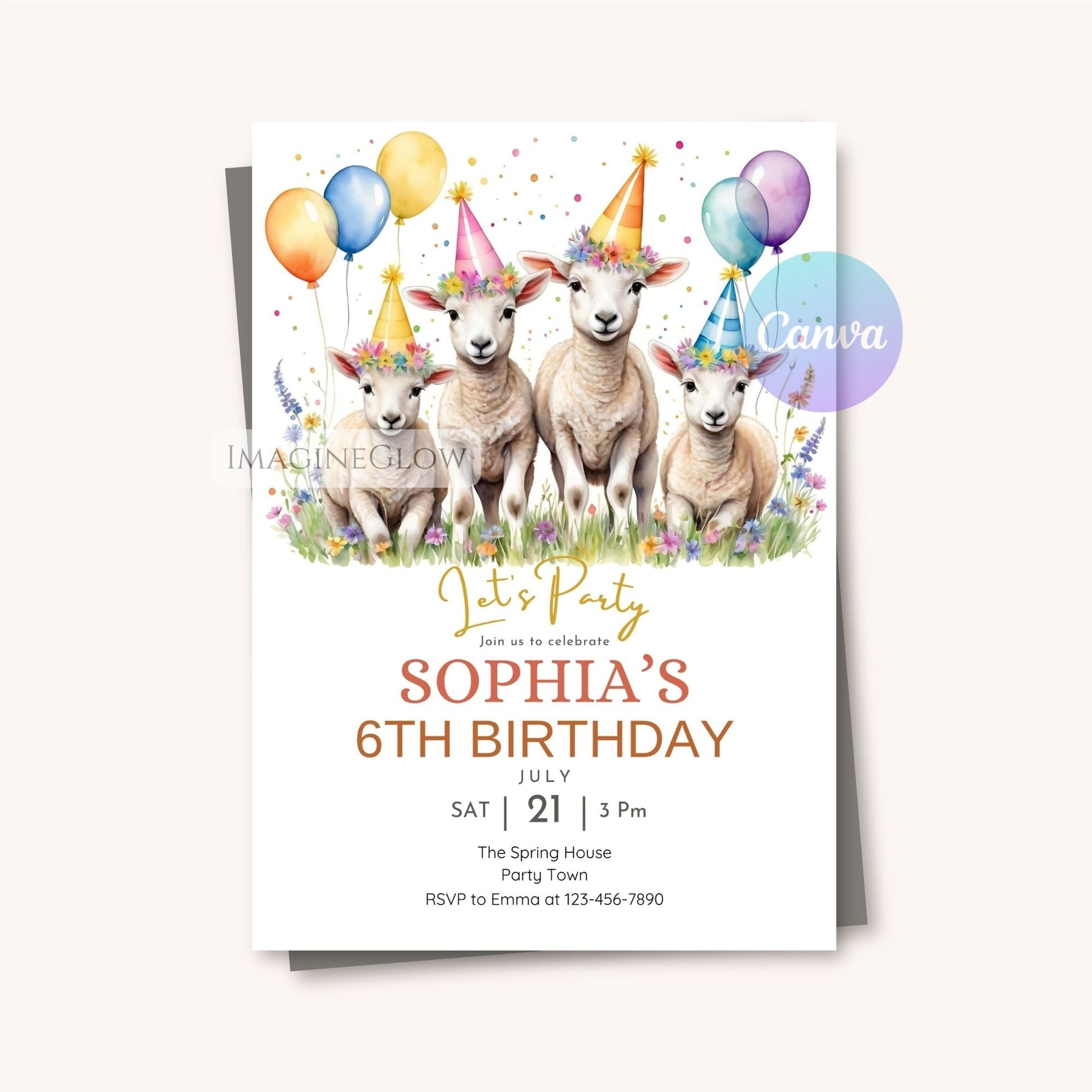 Birthday party invitation with sheep wearing party hats and balloons