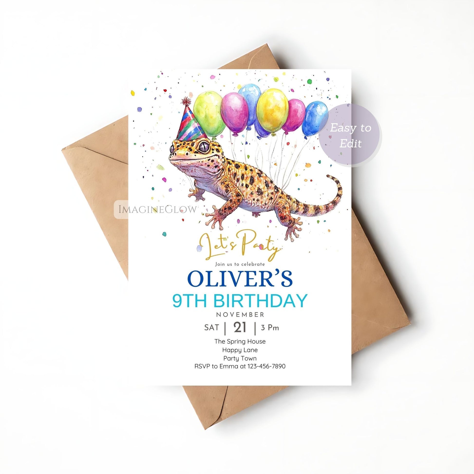 Fun birthday invitation with a leopard gecko design.