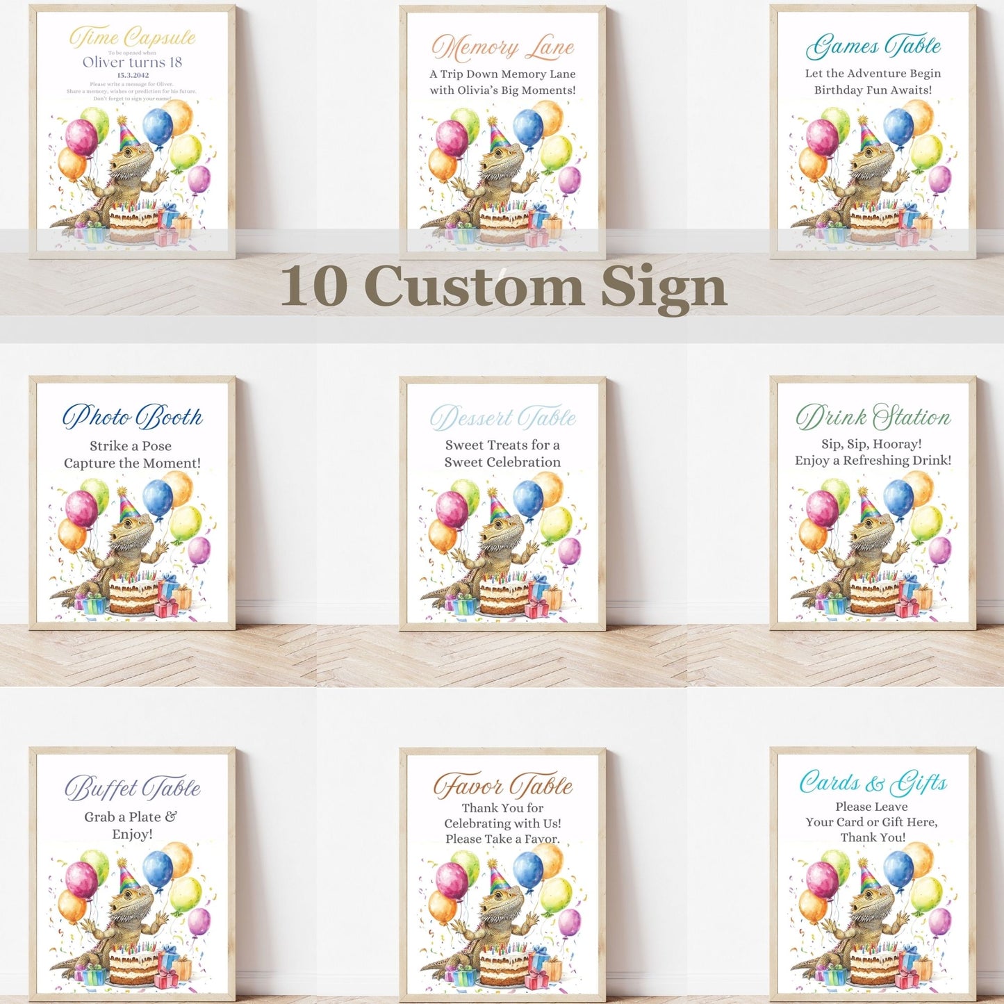 Collection of birthday party sign prints with fun lizard and balloons on a white background.