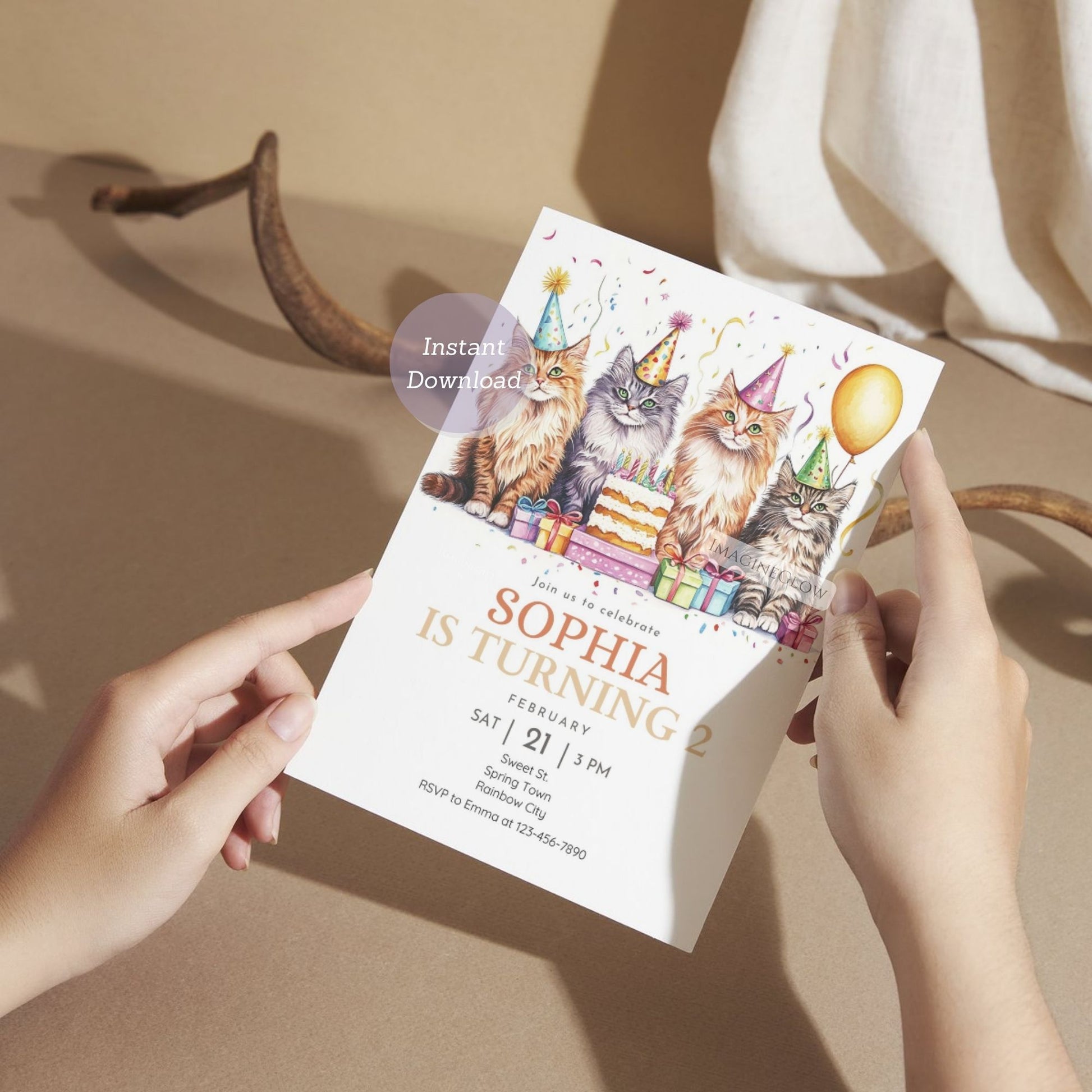 Cat lover birthday party invitation with Maine Coon