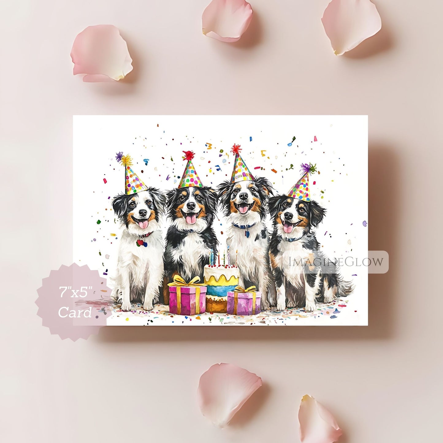 Birthday card with four dogs wearing party hats