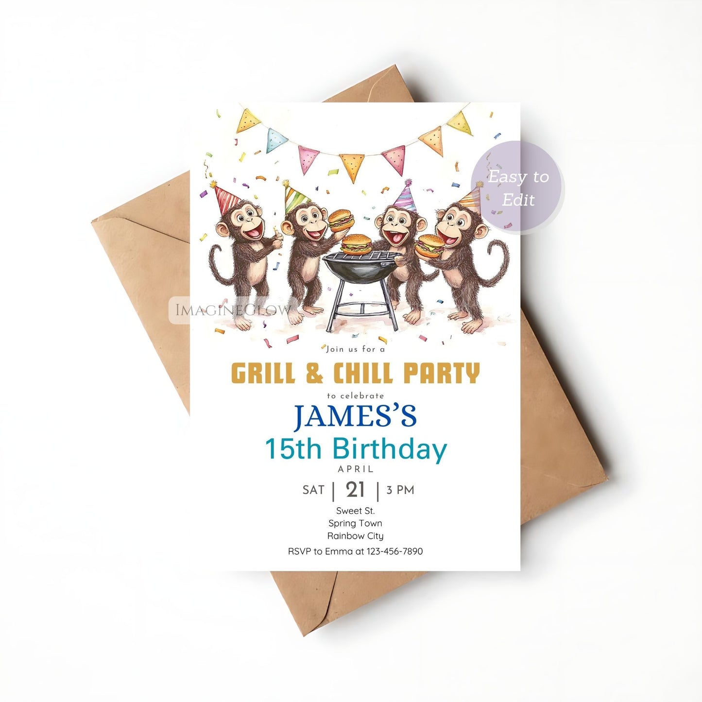 Playful monkeys cookout party invitation digital download