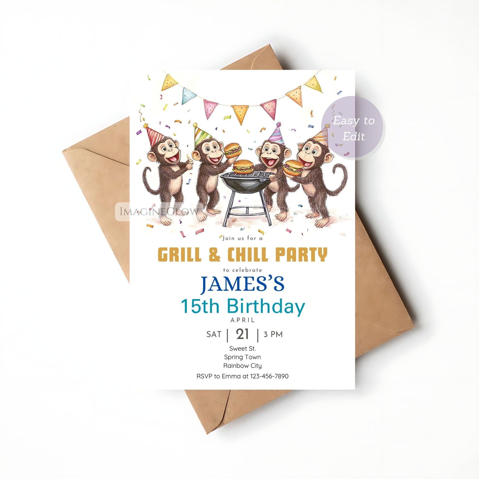 Playful monkeys cookout party invitation digital download