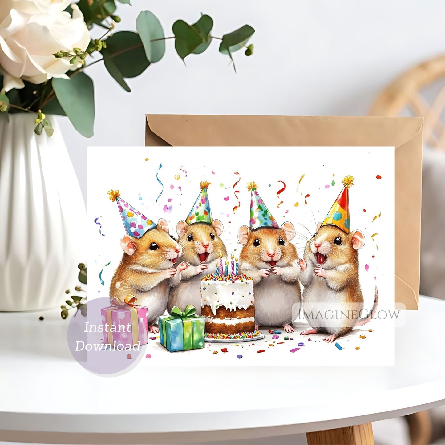 Greeting card with four hamsters celebrating a birthday, featuring a cake and presents on a white background.