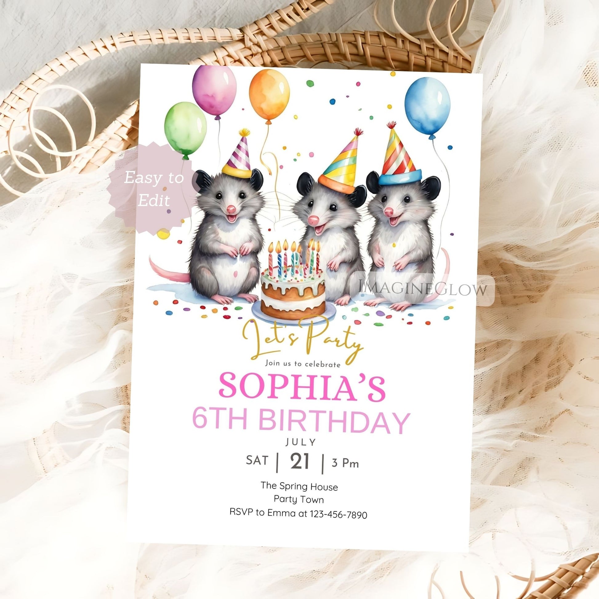 digital opossum birthday party invite