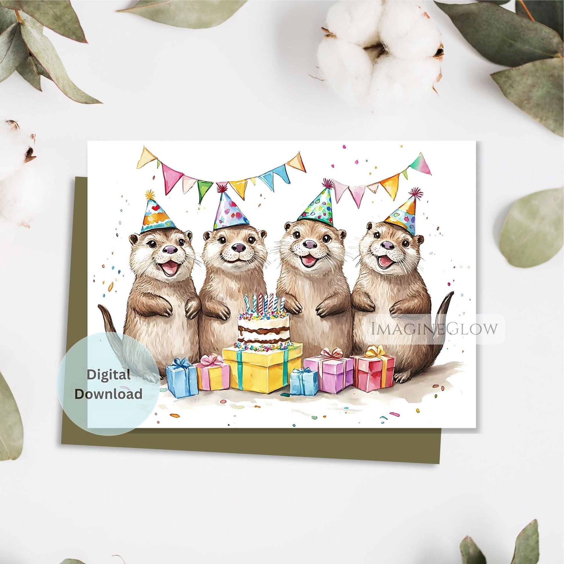 Birthday card with cartoon otters and birthday cake on a white background