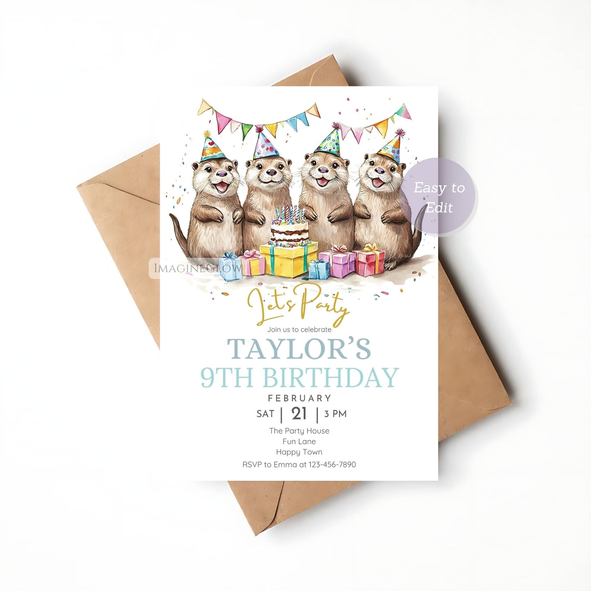 Cute otter-themed party invite with four otters
Printable four otters birthday party invitation