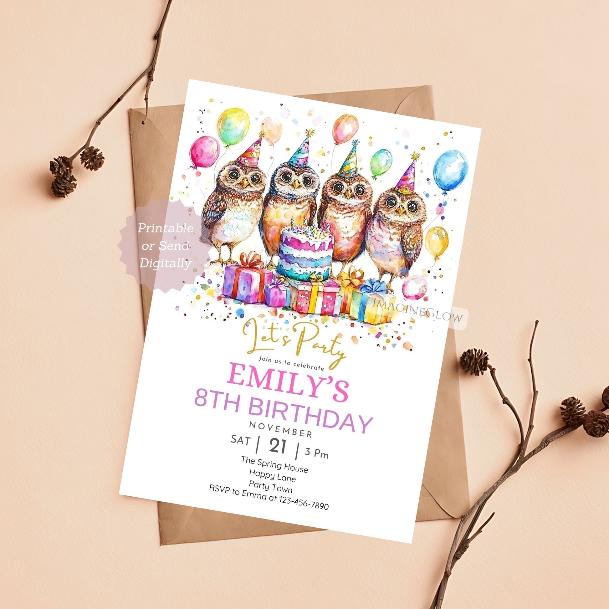Cute rustic owl-themed birthday invitation
