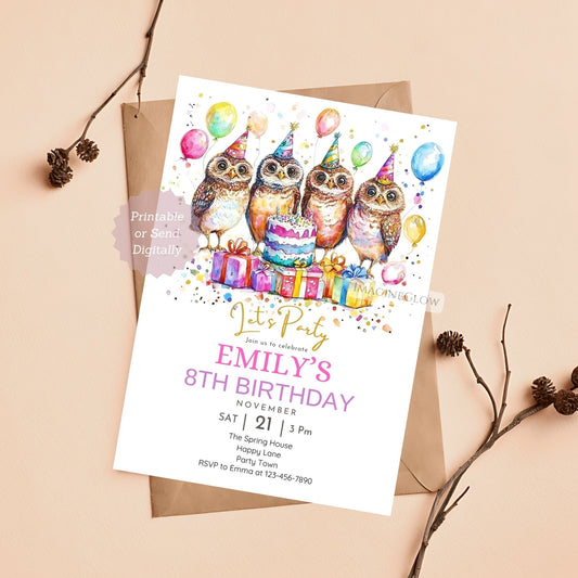 Cute rustic owl-themed birthday invitation