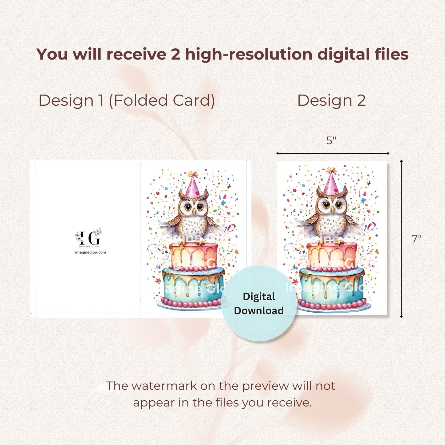 Colorful owl birthday card digital download.