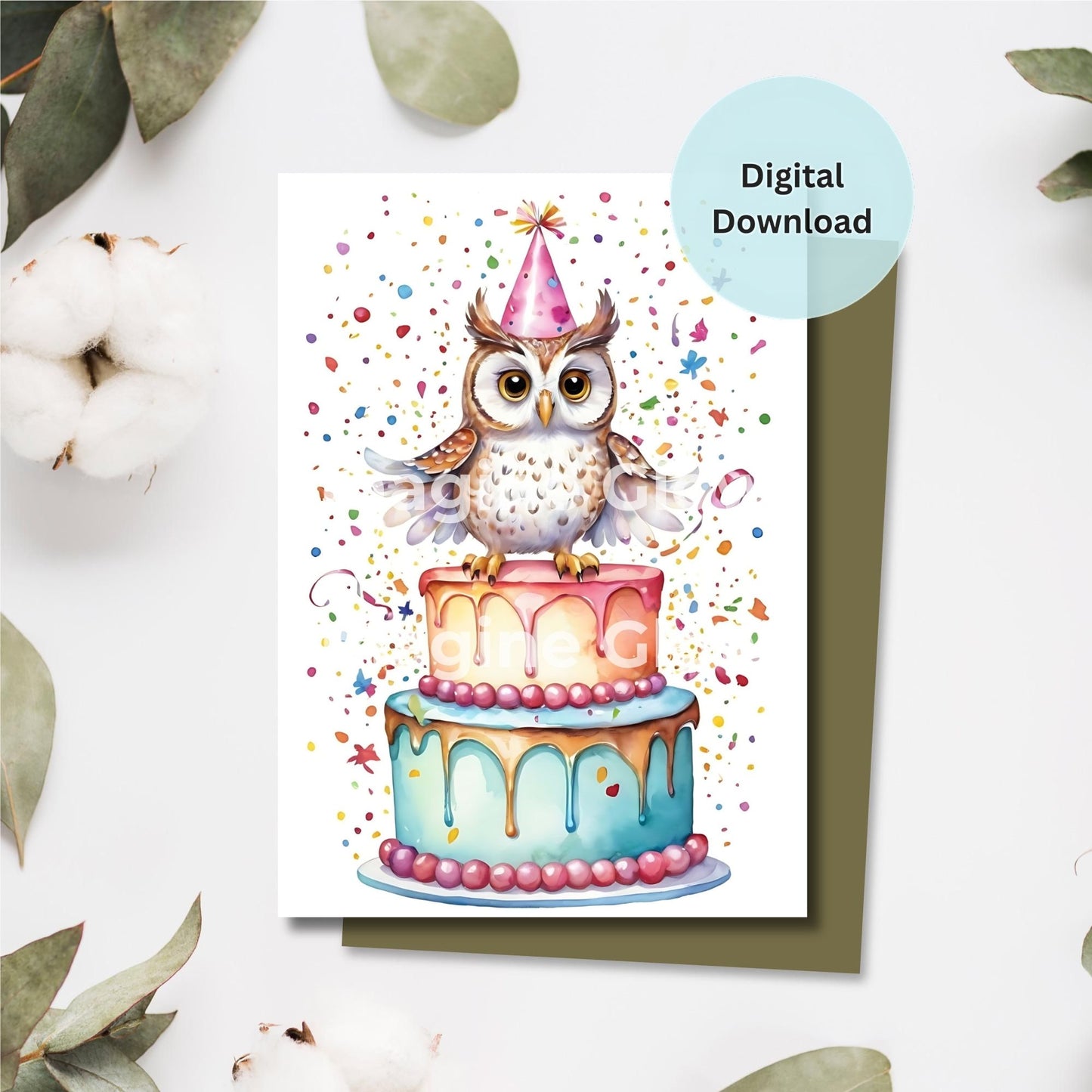 Cute owl colorful birthday card digital download for kids.