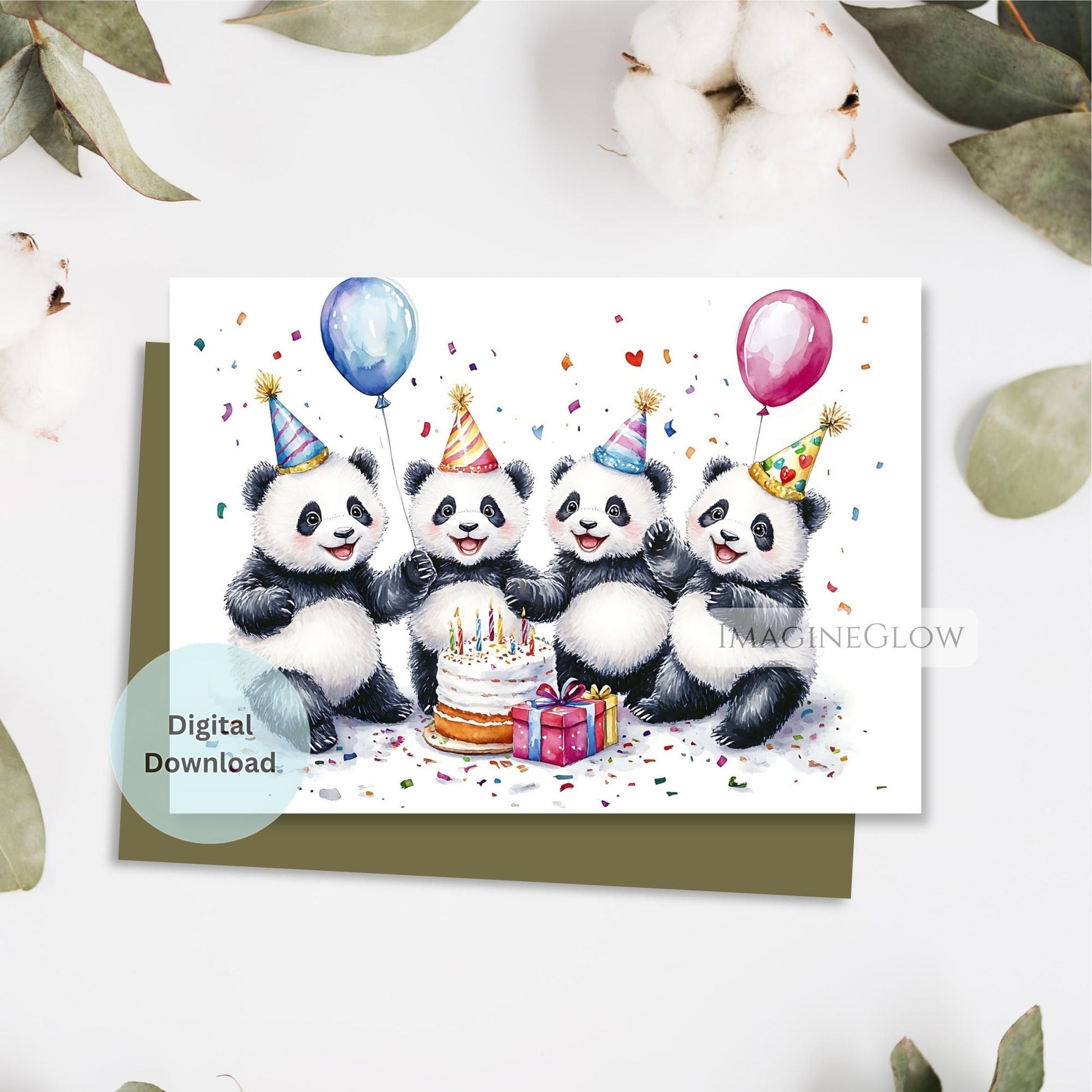 Birthday card with four panda bears, balloons, and a cake on a white background.