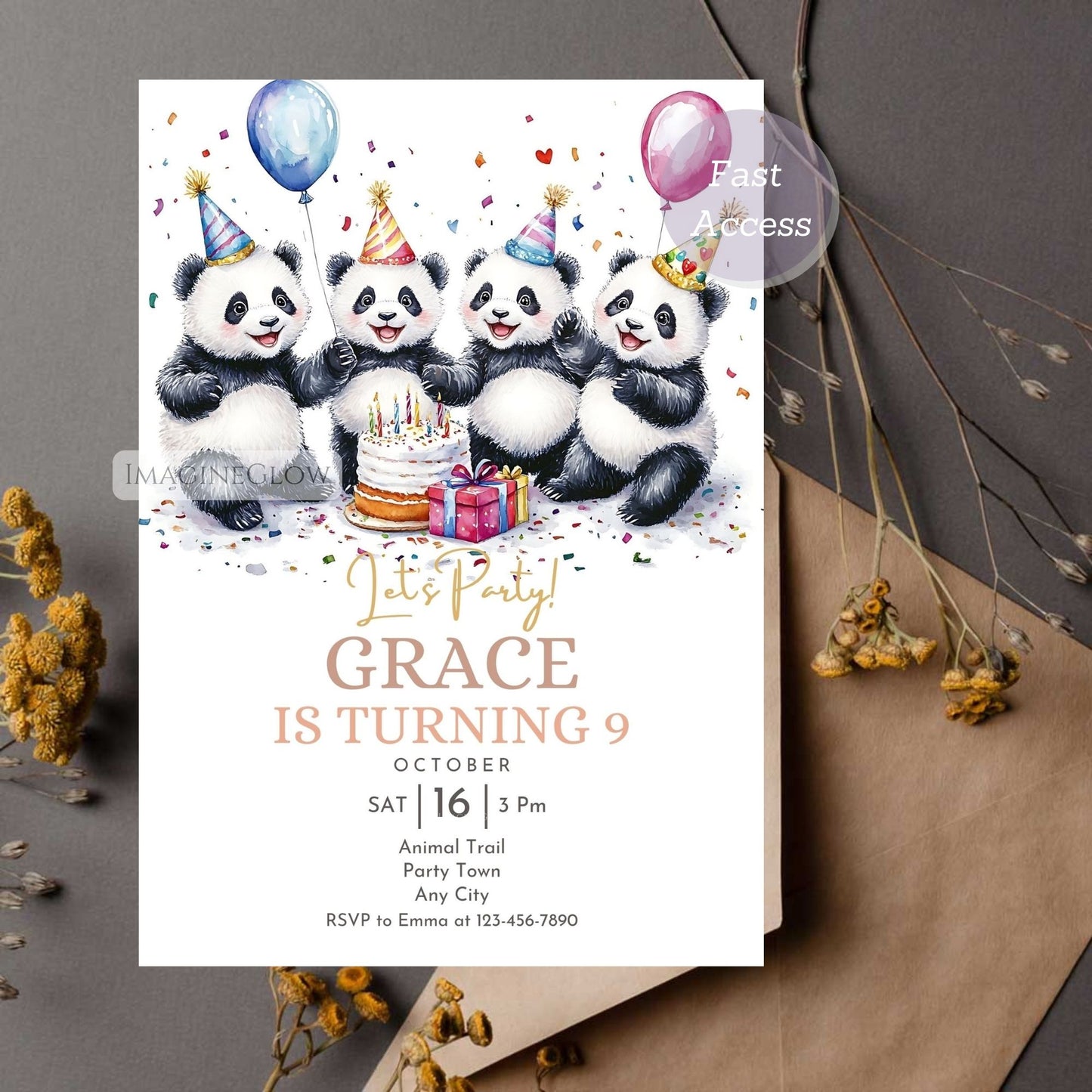 Kids Panda Birthday Party Invitation - Digital Download