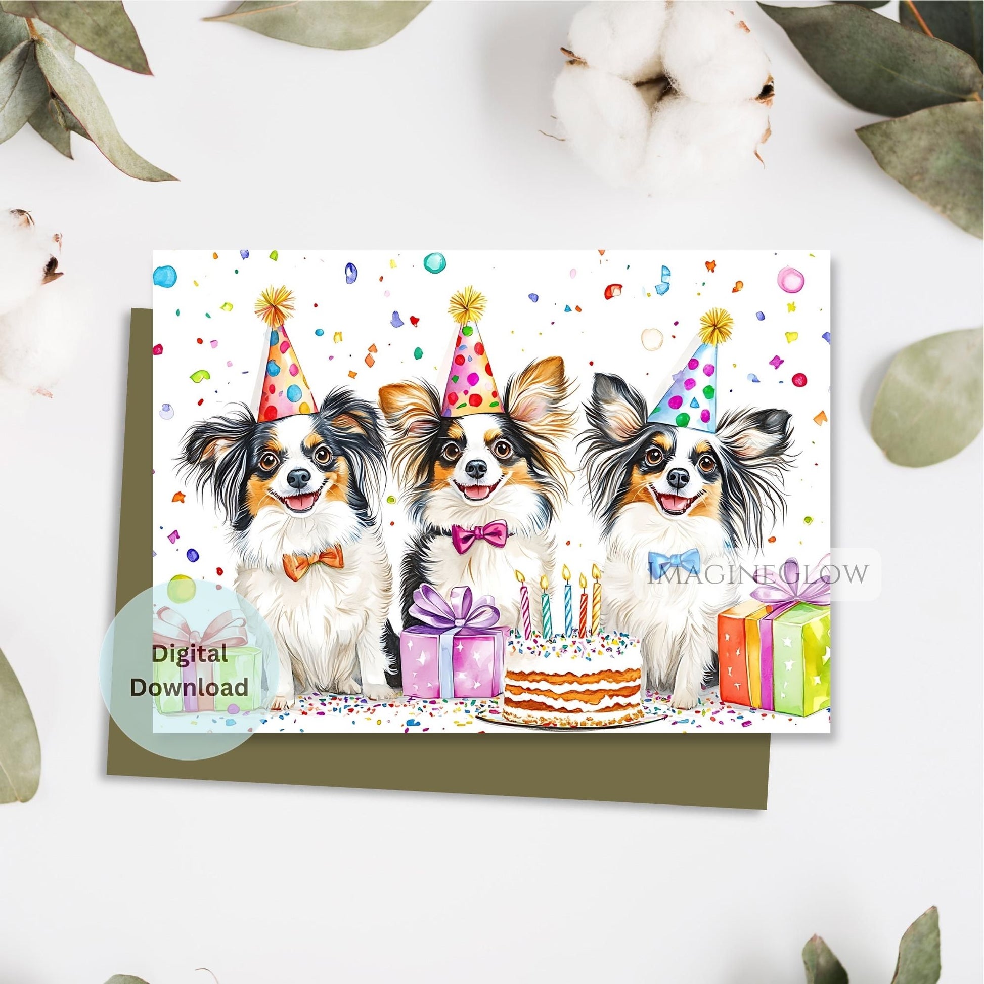 Birthday card with three dogs wearing party hats, a cake, and presents on a white background.