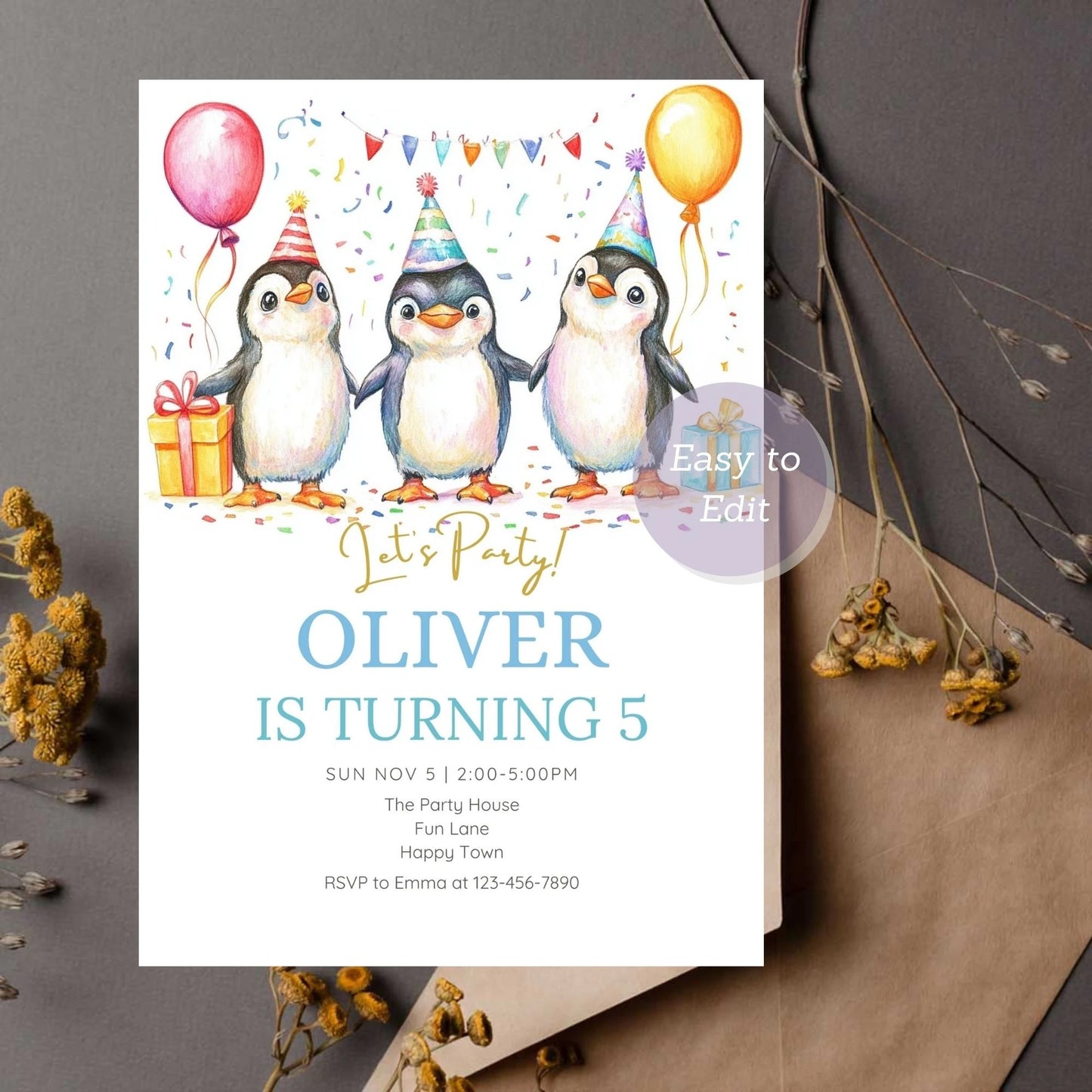 Penguin birthday card with snowy backdrop for kids.