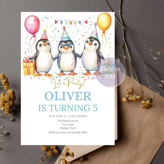 Penguin birthday card with snowy backdrop for kids.