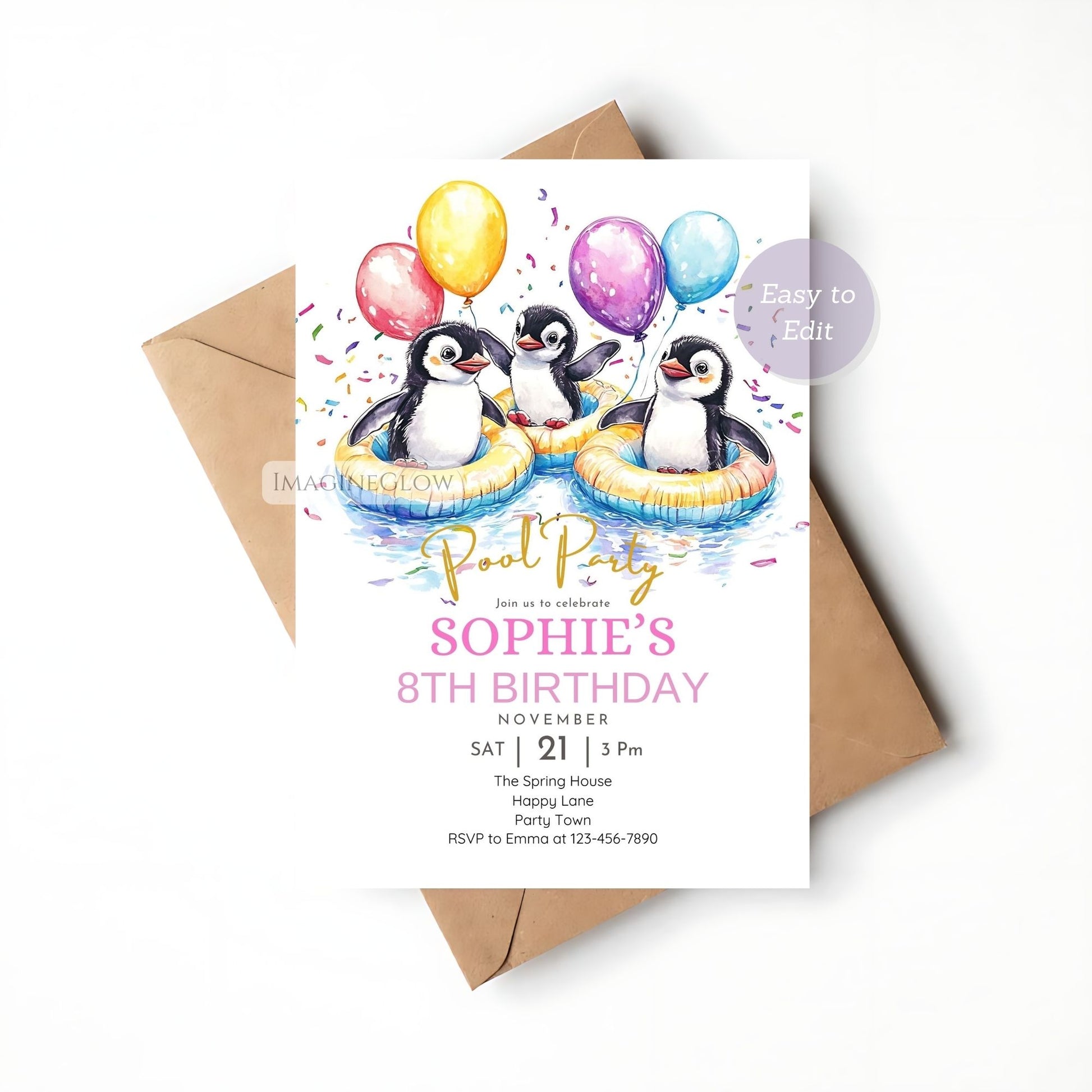 High-resolution penguin pool party invite for summer birthdays.